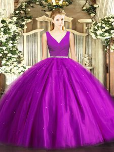 Fashionable Floor Length Purple Sweet 16 Dress V-neck Sleeveless Zipper