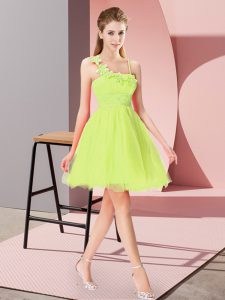 Comfortable Asymmetric Sleeveless Homecoming Dress Mini Length Beading and Hand Made Flower Yellow Green Organza