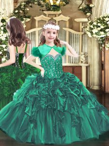 Inexpensive Dark Green Organza Lace Up Little Girl Pageant Dress Sleeveless Floor Length Beading and Ruffles