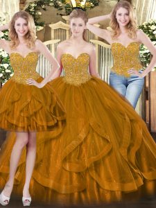 Flare Brown Tulle Lace Up Sweet 16 Dresses Sleeveless Floor Length Beading and Ruffles