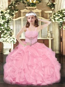 Rose Pink Organza Zipper Little Girls Pageant Dress Wholesale Sleeveless Floor Length Beading and Ruffles