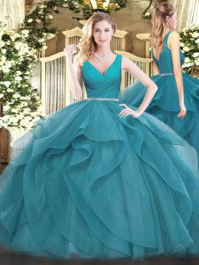Perfect Teal Ball Gowns Beading and Ruffles Quinceanera Gowns Zipper Tulle Sleeveless Floor Length