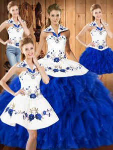 Romantic Halter Top Sleeveless Satin and Organza 15th Birthday Dress Embroidery and Ruffles Lace Up