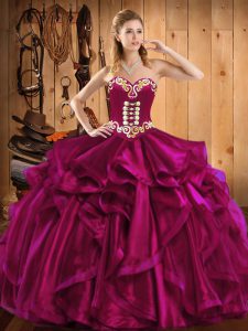 Customized Sweetheart Sleeveless Organza Sweet 16 Dresses Embroidery and Ruffles Lace Up