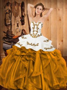 Comfortable Gold Ball Gowns Embroidery and Ruffles Sweet 16 Dresses Lace Up Satin and Organza Sleeveless Floor Length