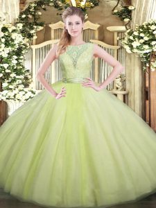 Best Selling Yellow Green Ball Gowns Scoop Sleeveless Tulle Floor Length Backless Lace Quinceanera Dress