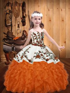 Orange Red Ball Gowns Organza Straps Sleeveless Embroidery and Ruffles Floor Length Lace Up Little Girl Pageant Gowns