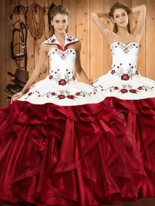 Attractive Embroidery and Ruffles 15th Birthday Dress Wine Red Lace Up Sleeveless Floor Length