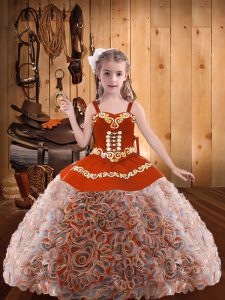 Multi-color Lace Up Straps Embroidery and Ruffles Child Pageant Dress Fabric With Rolling Flowers Sleeveless