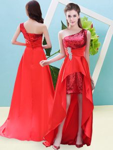 Elastic Woven Satin and Sequined One Shoulder Sleeveless Lace Up Beading and Sequins Prom Dress in Red