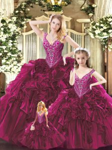 Hot Selling Fuchsia Straps Neckline Beading and Ruffles Quinceanera Gowns Sleeveless Lace Up