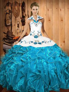 Simple Sleeveless Lace Up Floor Length Embroidery and Ruffles Vestidos de Quinceanera
