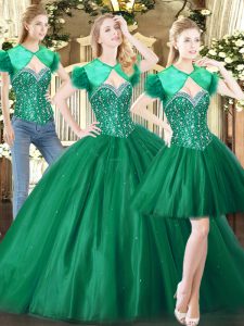 Sleeveless Floor Length Beading Lace Up Ball Gown Prom Dress with Green
