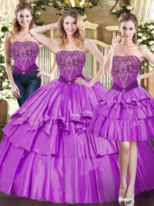 Deluxe Eggplant Purple Tulle Lace Up Quinceanera Dress Sleeveless Floor Length Beading and Ruffled Layers