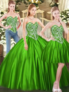 Affordable Green Tulle Lace Up Sweetheart Sleeveless Floor Length 15 Quinceanera Dress Beading