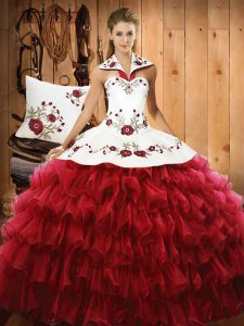 Halter Top Sleeveless Sweet 16 Dress Floor Length Embroidery and Ruffled Layers Wine Red Organza