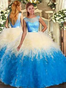 Multi-color Organza Backless Quinceanera Gowns Sleeveless Floor Length Lace and Ruffles