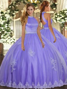 Superior Tulle Halter Top Sleeveless Backless Beading and Appliques Sweet 16 Dress in Lavender