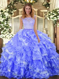 Blue Quinceanera Gown Military Ball and Sweet 16 and Quinceanera with Lace and Ruffled Layers Scoop Sleeveless Clasp Han