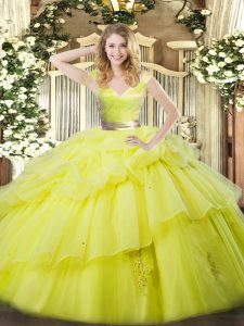 Yellow Green Organza Zipper V-neck Sleeveless Floor Length Ball Gown Prom Dress Ruffled Layers