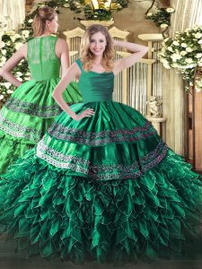 Dark Green Organza Zipper Straps Sleeveless Floor Length Sweet 16 Quinceanera Dress Beading and Lace and Ruffles