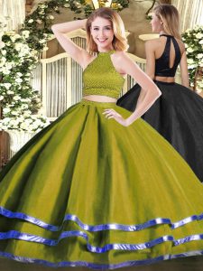 Extravagant Tulle Halter Top Sleeveless Backless Beading 15th Birthday Dress in Olive Green