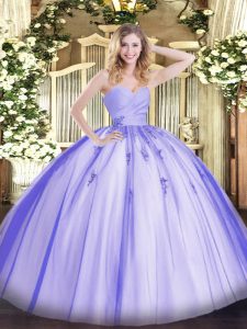Lavender Ball Gowns Sweetheart Sleeveless Tulle Floor Length Lace Up Beading and Appliques 15 Quinceanera Dress