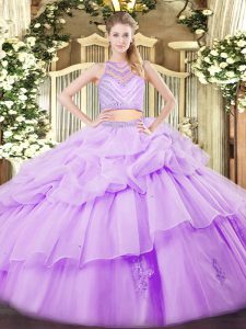 Floor Length Zipper Quinceanera Dresses Lavender for Military Ball and Sweet 16 and Quinceanera with Beading and Ruffles