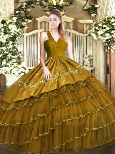 V-neck Sleeveless Vestidos de Quinceanera Floor Length Embroidery and Ruffled Layers Brown Satin and Organza