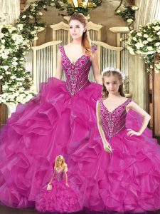 Fuchsia Ball Gowns Tulle Straps Sleeveless Beading and Ruffles Floor Length Lace Up Sweet 16 Quinceanera Dress