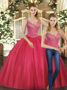 Hot Pink Two Pieces Tulle Straps Sleeveless Beading Floor Length Lace Up Quinceanera Gowns