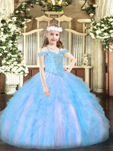 Stunning Baby Blue Organza Lace Up Little Girls Pageant Dress Sleeveless Floor Length Beading and Ruffles