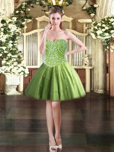 Olive Green Tulle Lace Up Evening Dress Sleeveless Mini Length Beading