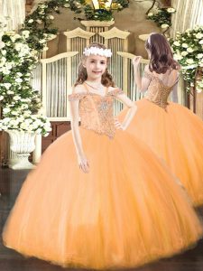 Ball Gowns Little Girl Pageant Dress Orange Off The Shoulder Tulle Sleeveless Floor Length Lace Up