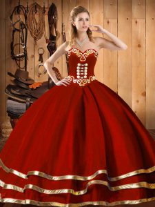 Eye-catching Wine Red Ball Gowns Organza Sweetheart Sleeveless Embroidery and Bowknot Floor Length Lace Up Sweet 16 Dres