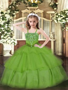 Organza Straps Sleeveless Lace Up Beading and Ruffled Layers Kids Formal Wear in Green