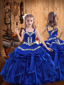 Ball Gowns Kids Formal Wear Royal Blue Straps Organza Sleeveless Floor Length Lace Up