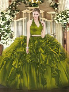 Chic Olive Green Sleeveless Floor Length Ruffles Zipper Sweet 16 Dress