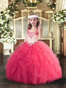 Customized Beading and Ruffles Kids Formal Wear Hot Pink Lace Up Sleeveless Floor Length