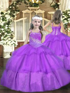 Floor Length Lace Up Kids Formal Wear Purple for Party and Sweet 16 and Quinceanera and Wedding Party with Beading and R