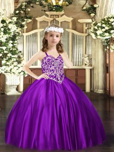 Purple Ball Gowns Beading Kids Pageant Dress Lace Up Satin Sleeveless Floor Length