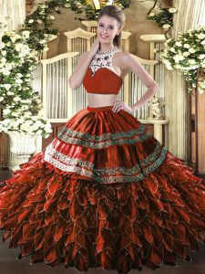 Rust Red Sleeveless Tulle Backless Sweet 16 Quinceanera Dress for Military Ball and Sweet 16 and Quinceanera