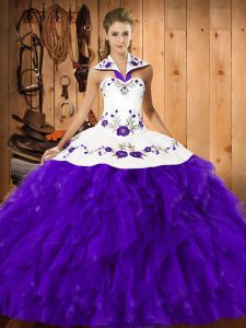 Dazzling Purple Ball Gowns Embroidery and Ruffles Quinceanera Dress Lace Up Satin and Organza Sleeveless Floor Length