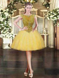 Ideal Scoop Cap Sleeves Prom Dresses Mini Length Beading and Ruffles Gold Tulle