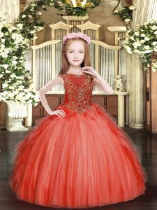 Trendy Sleeveless Floor Length Beading and Ruffles Zipper Kids Pageant Dress with Red