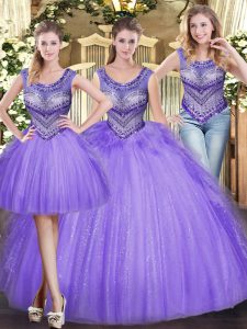 Best Selling Scoop Sleeveless Tulle Vestidos de Quinceanera Beading and Ruffles Lace Up
