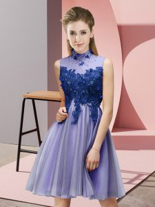 Best Knee Length Lavender Bridesmaid Gown Tulle Sleeveless Appliques