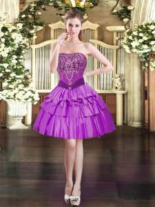 Mini Length Purple Prom Dresses Strapless Sleeveless Lace Up