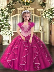 Hot Sale Floor Length Fuchsia Custom Made Pageant Dress Tulle Sleeveless Embroidery and Ruffles