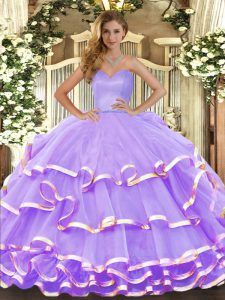 Lavender Organza Lace Up Sweetheart Sleeveless Floor Length Quinceanera Gowns Ruffled Layers